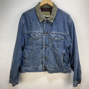 GAP Vintage 90s Denim Trucker Jacket Size L Corduroy Collar Plaid Flannel Lined